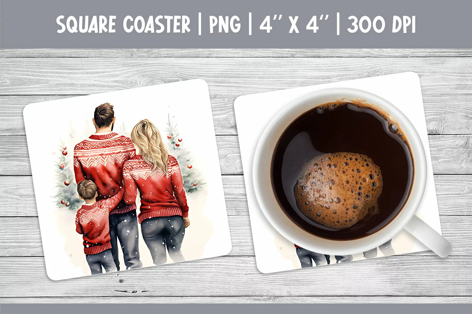 Watercolor Christmas Square Coaster Sublimation Family PNG product image 1