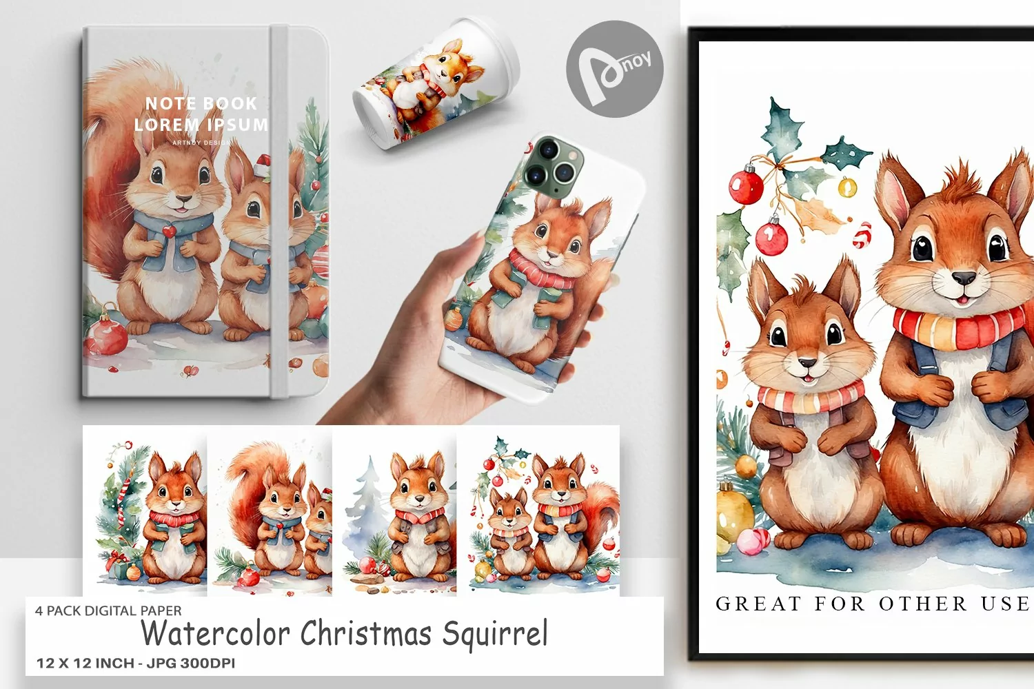 Digital Paper Watercolor Christmas Squirrel product image 1