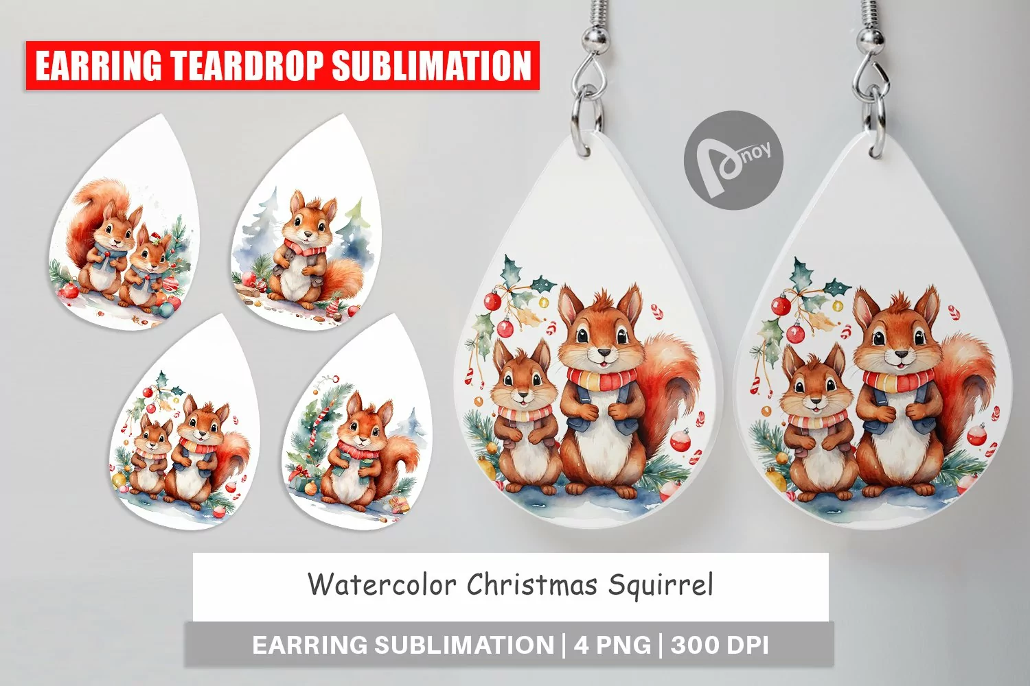 Earring Teardrop Watercolor Christmas Squirrel product image 1