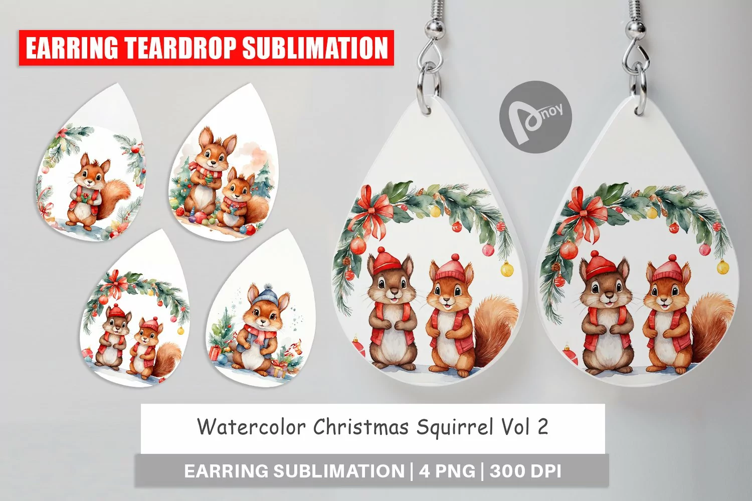 Earring Teardrop Watercolor Christmas Squirrel product image 1
