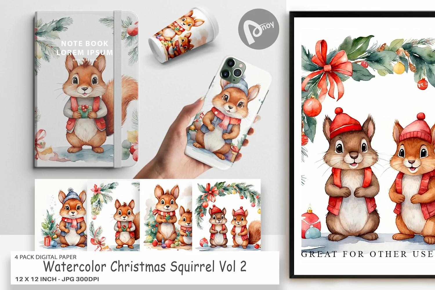 Digital Paper Watercolor Christmas Squirrel product image 1