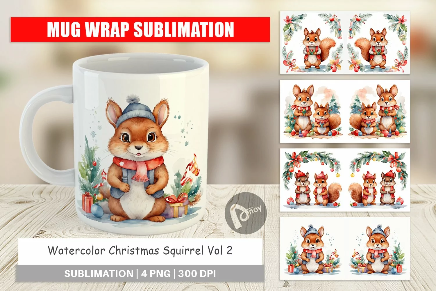Mug Wrap Design Watercolor Christmas Squirrel product image 1