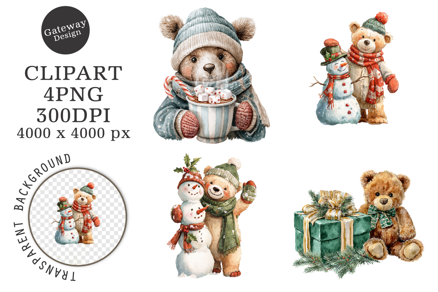 Watercolor Christmas Teddy Bear Clipart product image 1