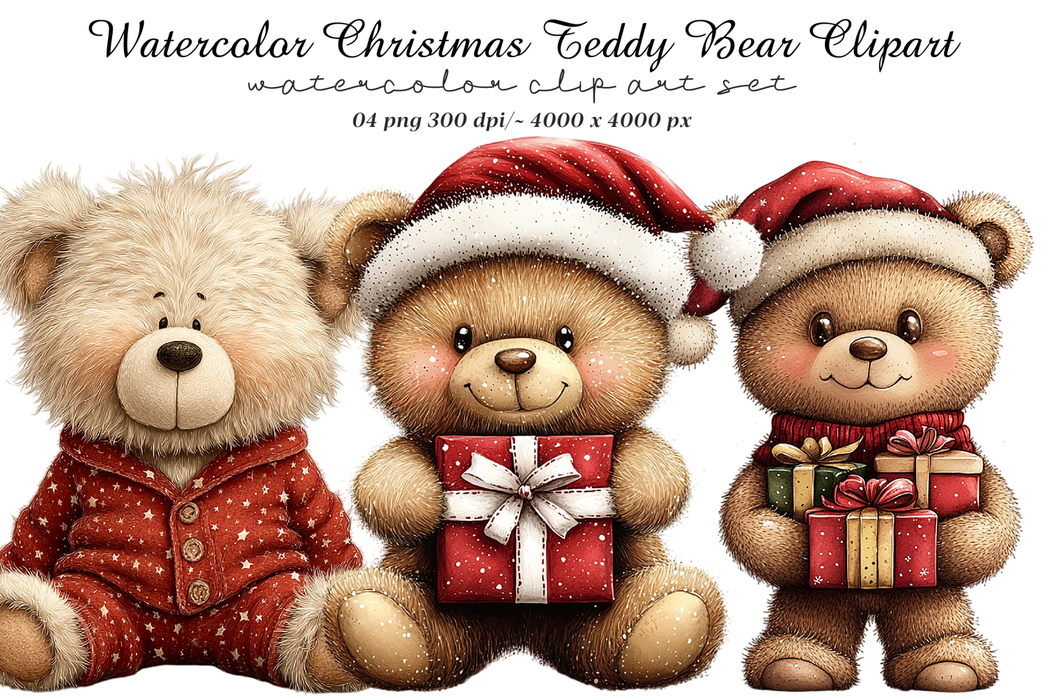 Watercolor Christmas Teddy Bear Clipart product image 1