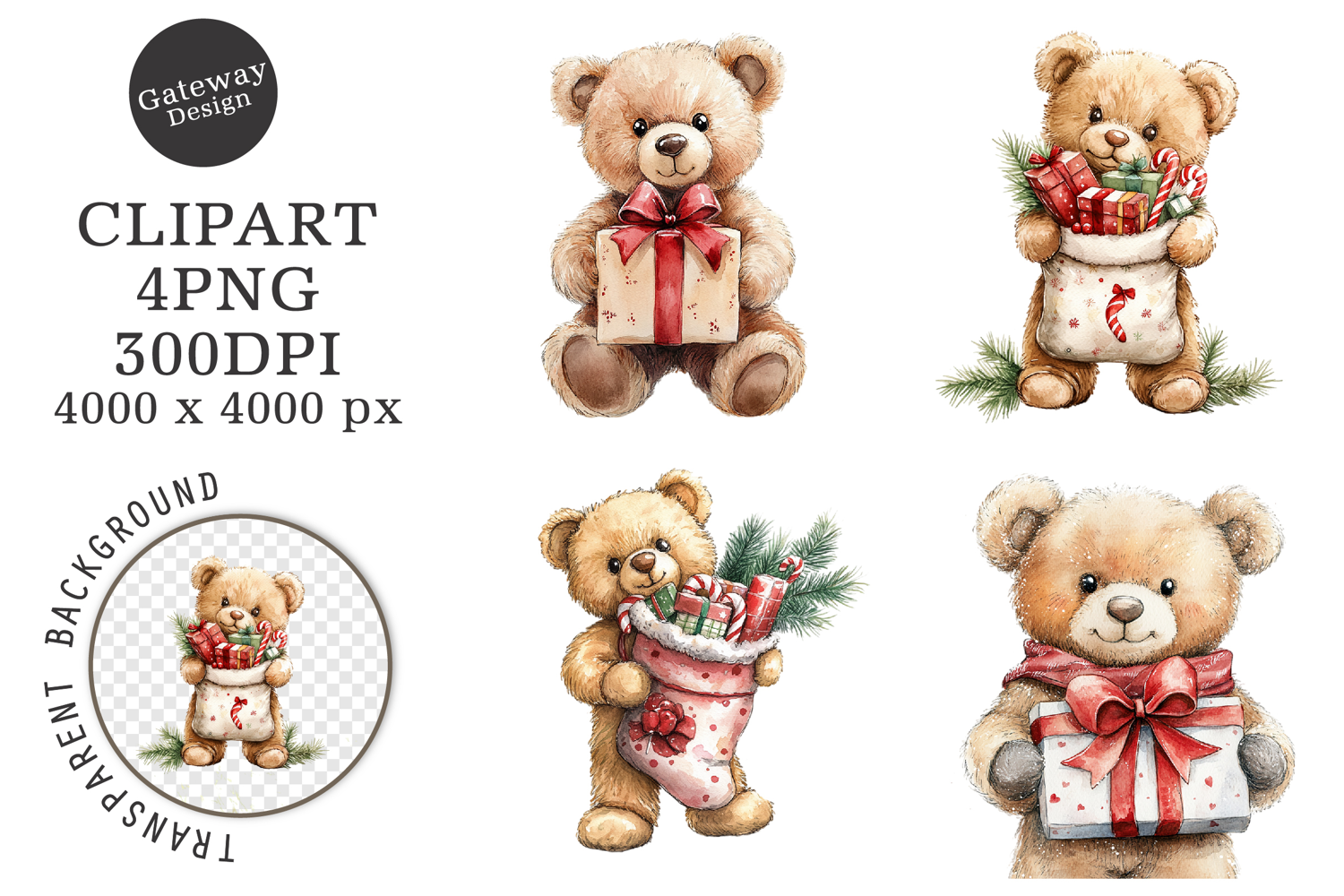 Watercolor Christmas Teddy Bear Clipart product image 1