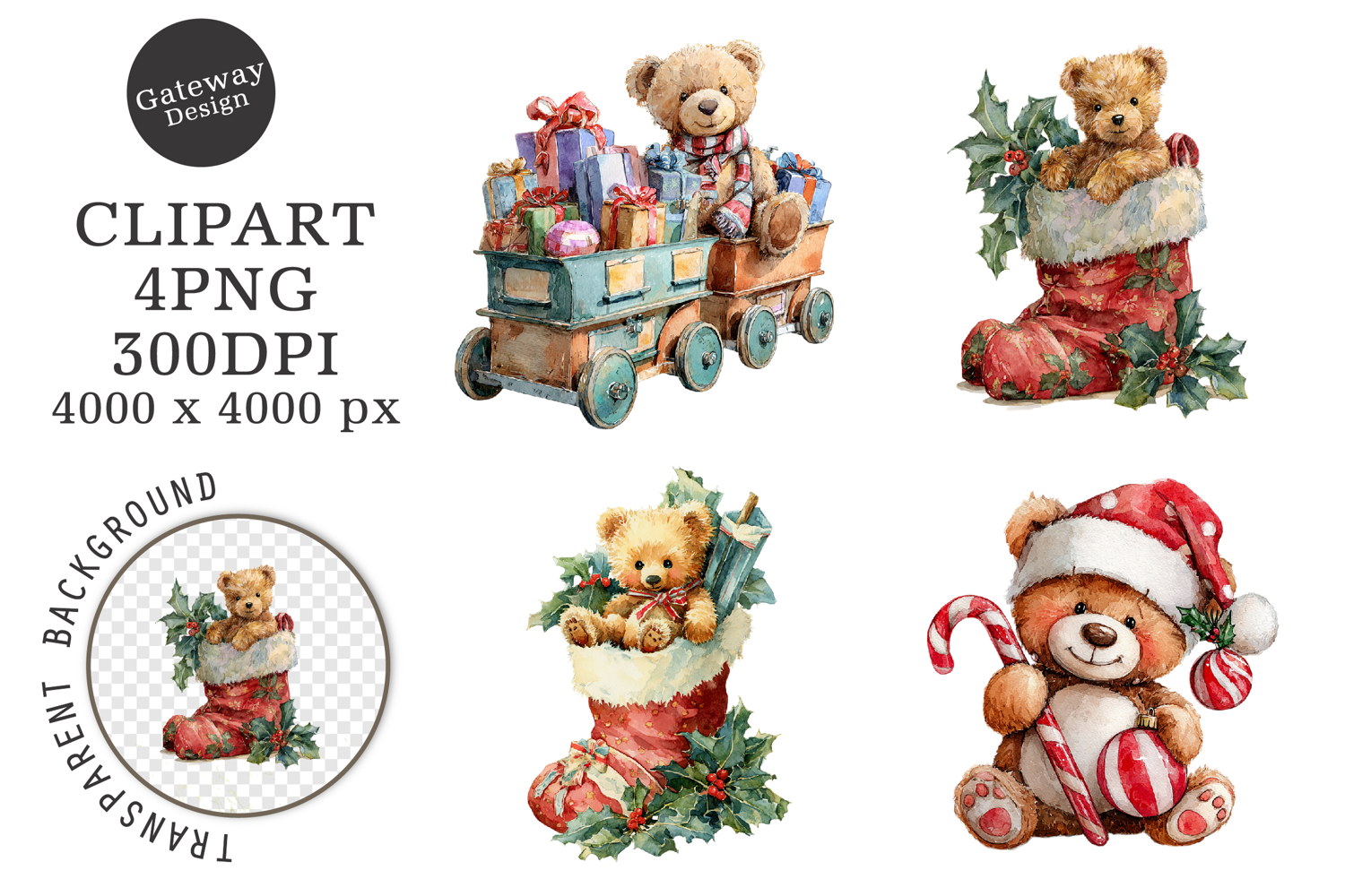 Watercolor Christmas Teddy Bear Clipart product image 1