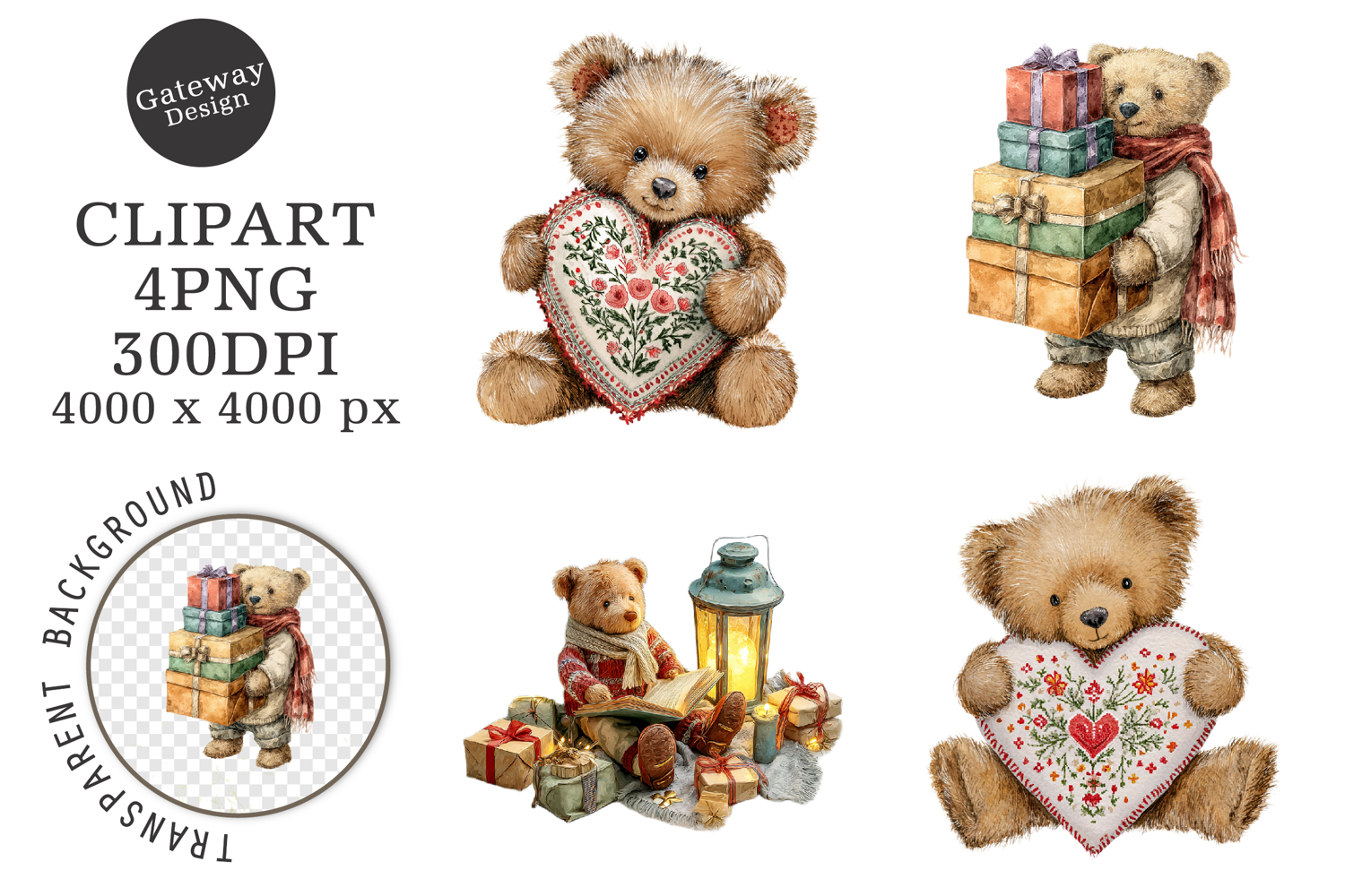 Watercolor Christmas Teddy Bear Clipart product image 1