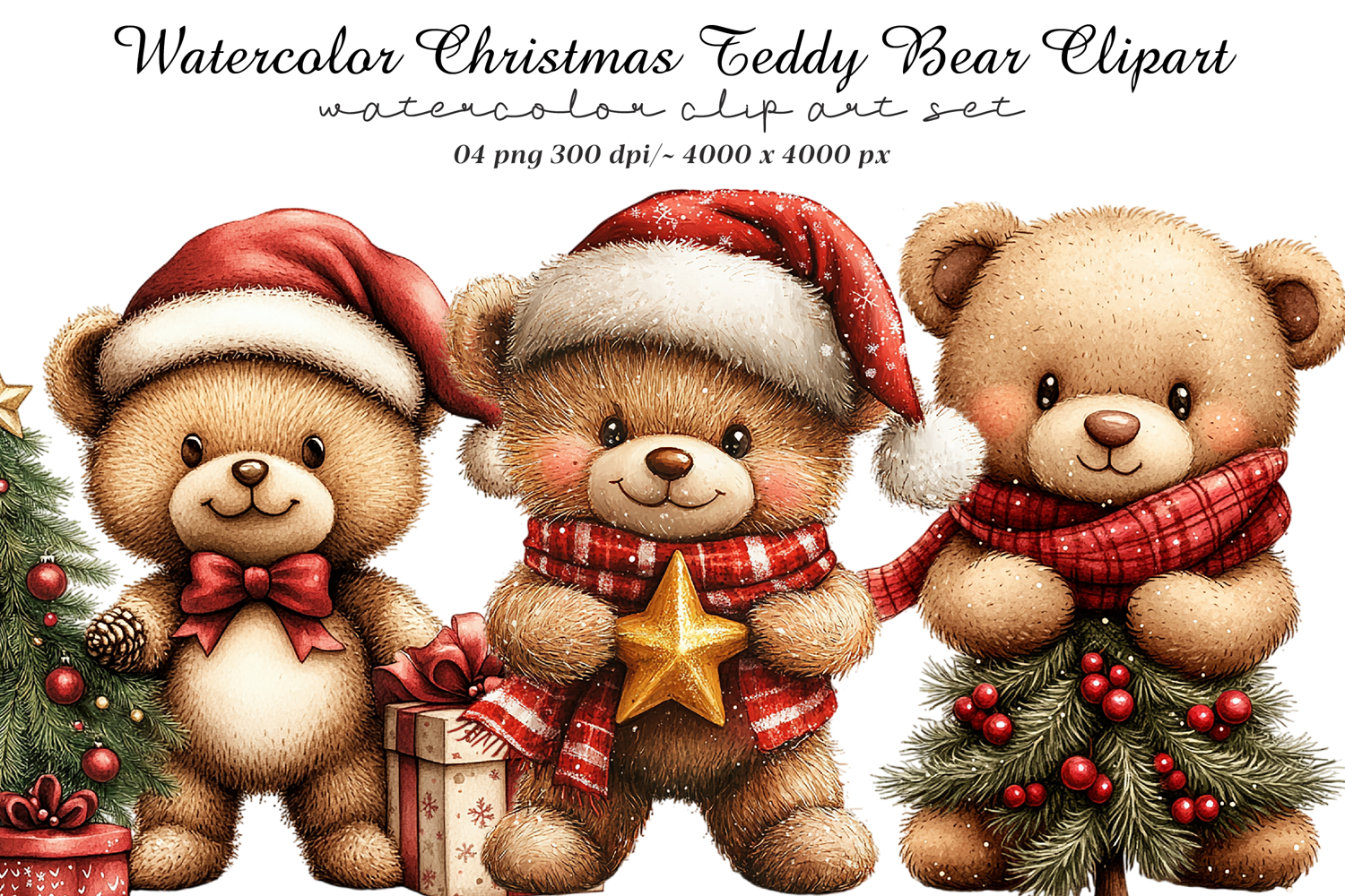 Watercolor Christmas Teddy Bear Clipart product image 1