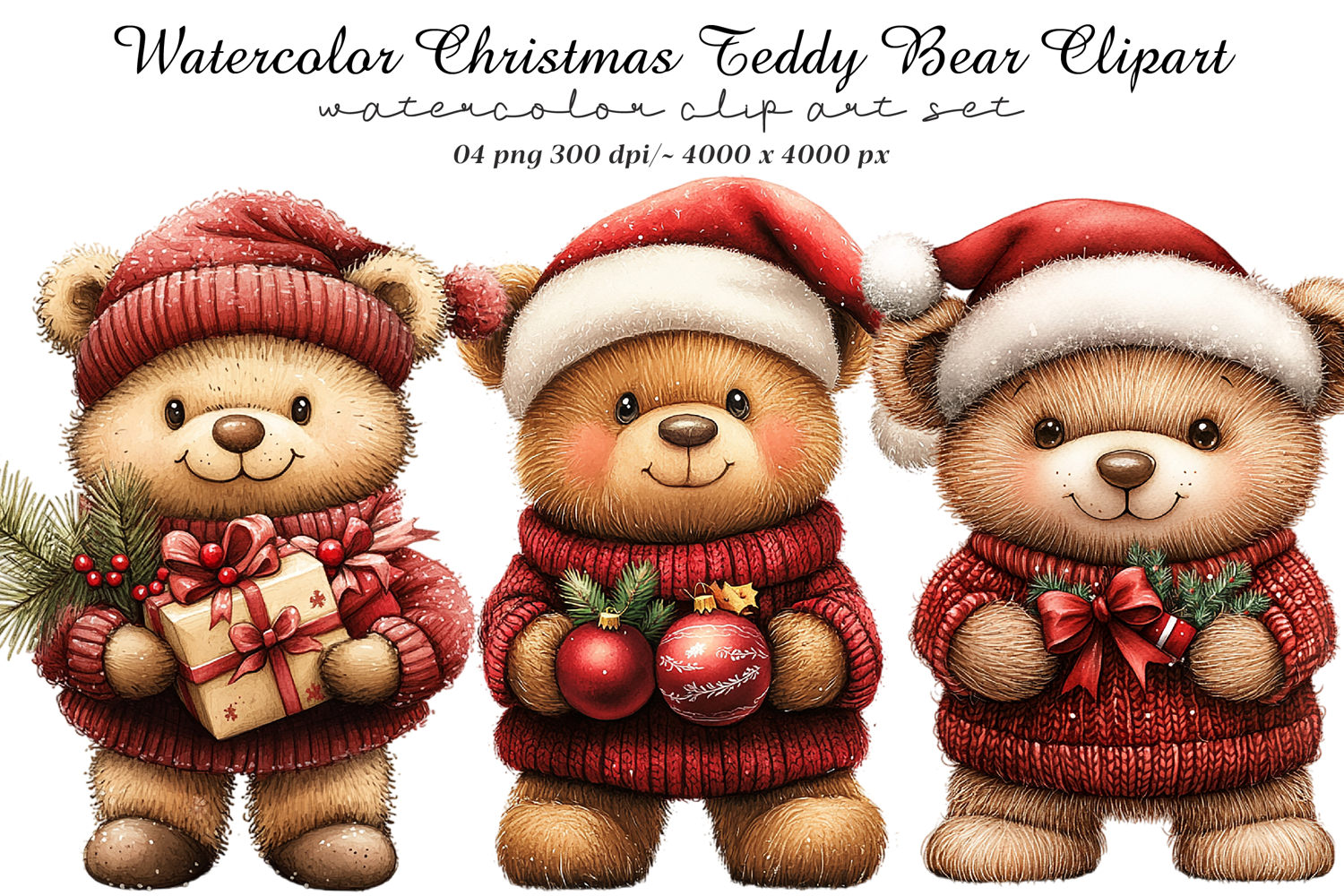 Watercolor Christmas Teddy Bear Clipart product image 1