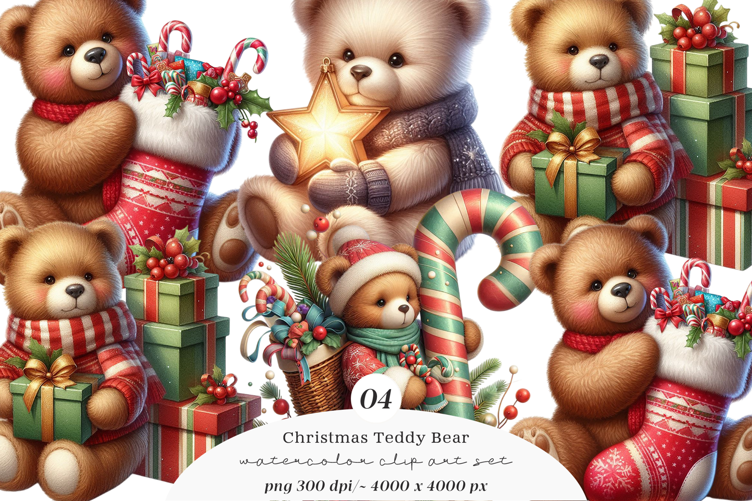 Watercolor Christmas Teddy Bear Clipart product image 1
