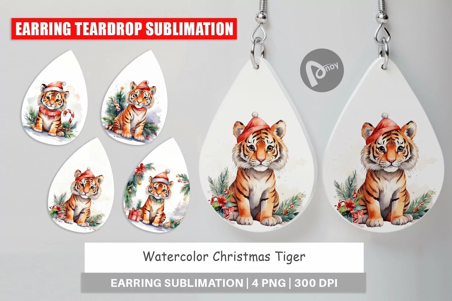 Earring Teardrop Watercolor Christmas Tiger product image 1