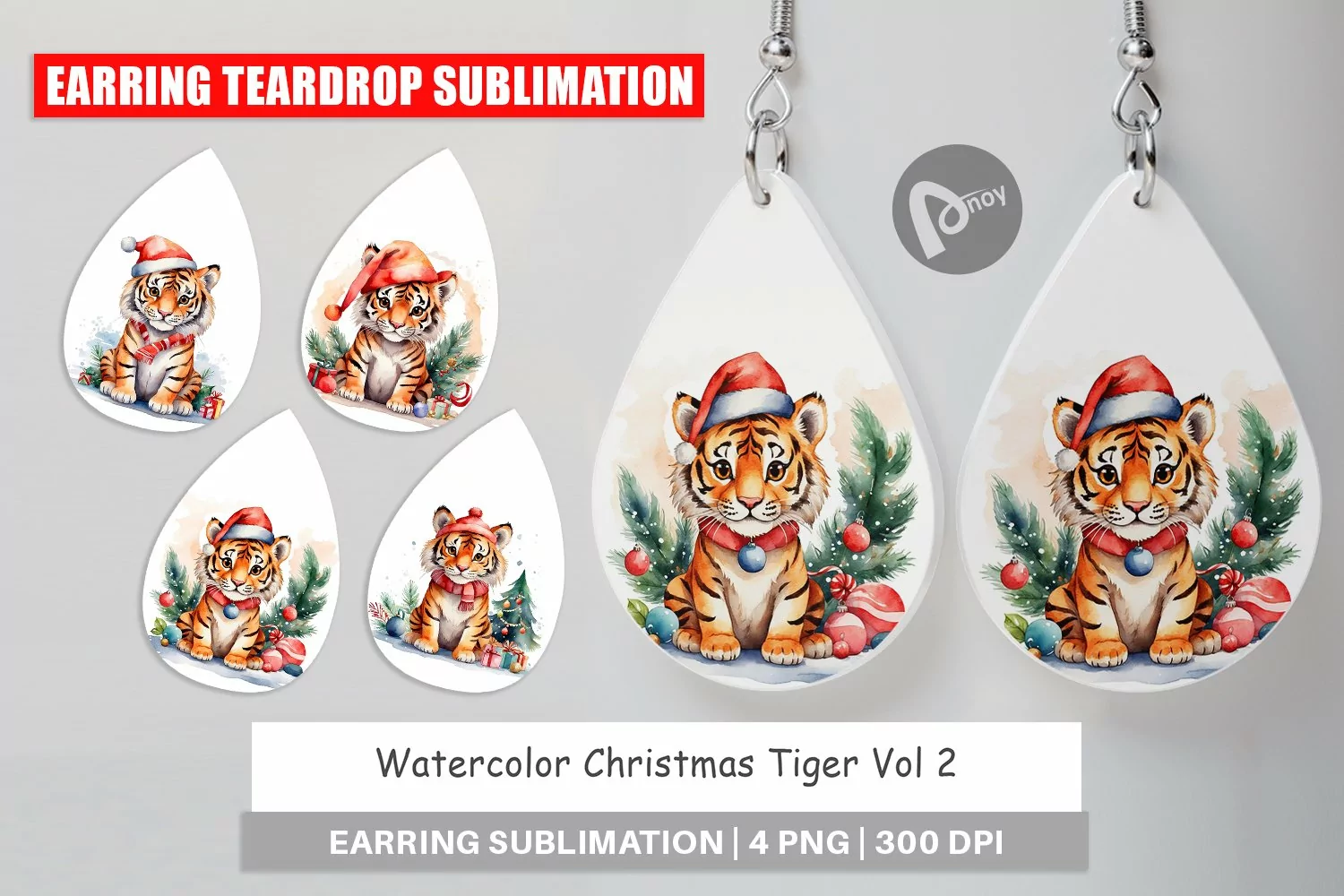 Earring Teardrop Watercolor Christmas Tiger product image 1