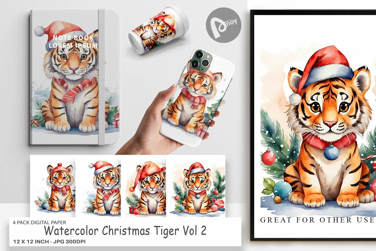 Digital Paper Watercolor Christmas Tiger product image 1