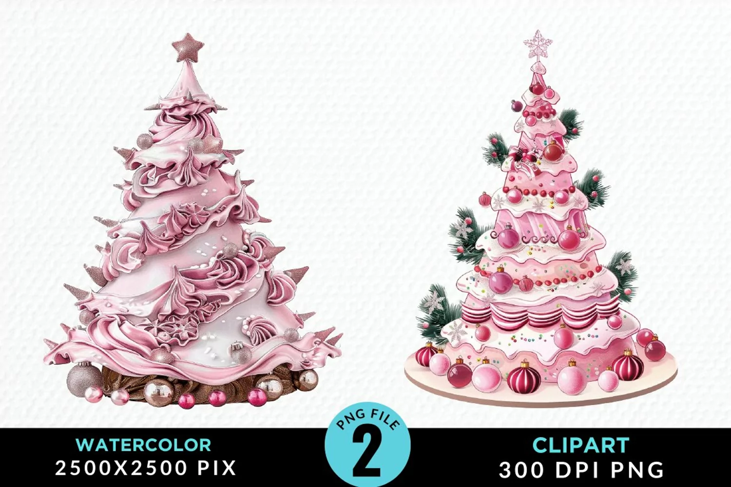 Watercolor Christmas Tree Cake Design Clipart product image 1