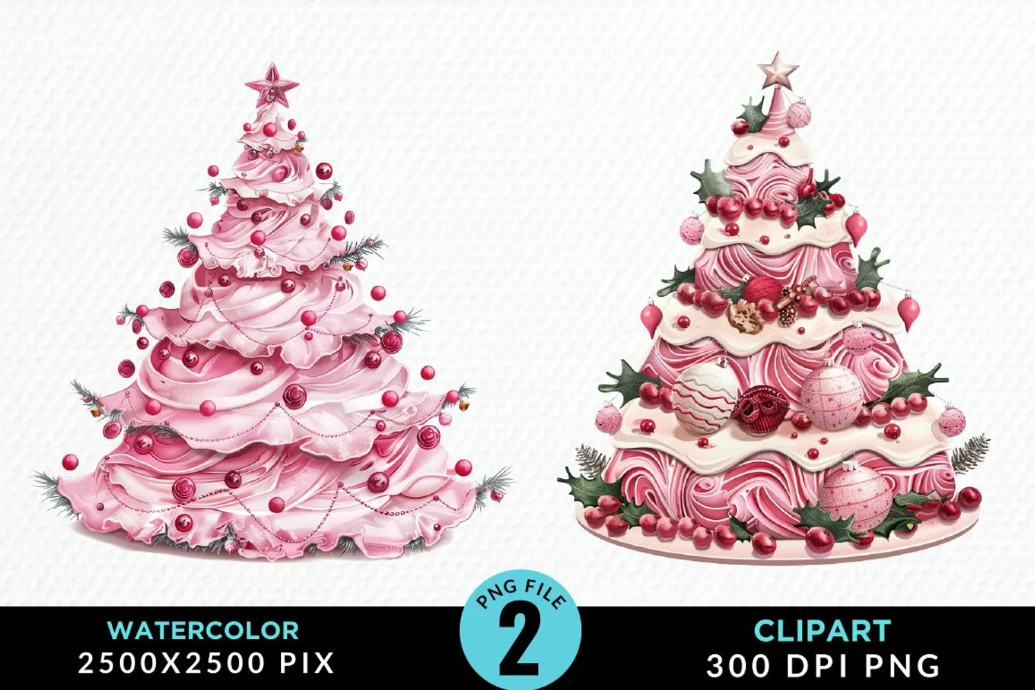 Watercolor Christmas Tree Cake Design Clipart product image 1