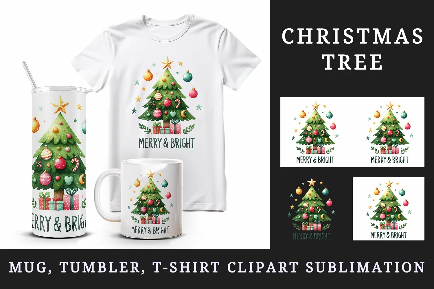 Watercolor Christmas tree star gifts beneath Merry and Bright quote print 20 oz tumbler skinny mug wrap clipart t-shirt sublimation printable design