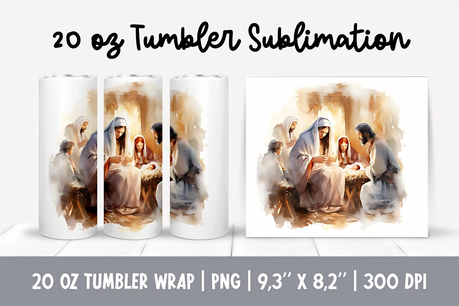 Watercolor Christmas Tumbler Sublimation Design Jesus Birth product image 1