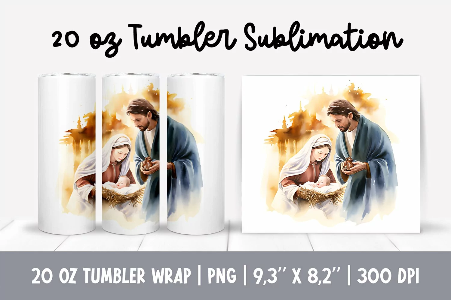Watercolor Christmas Tumbler Sublimation Design Jesus Birth product image 1
