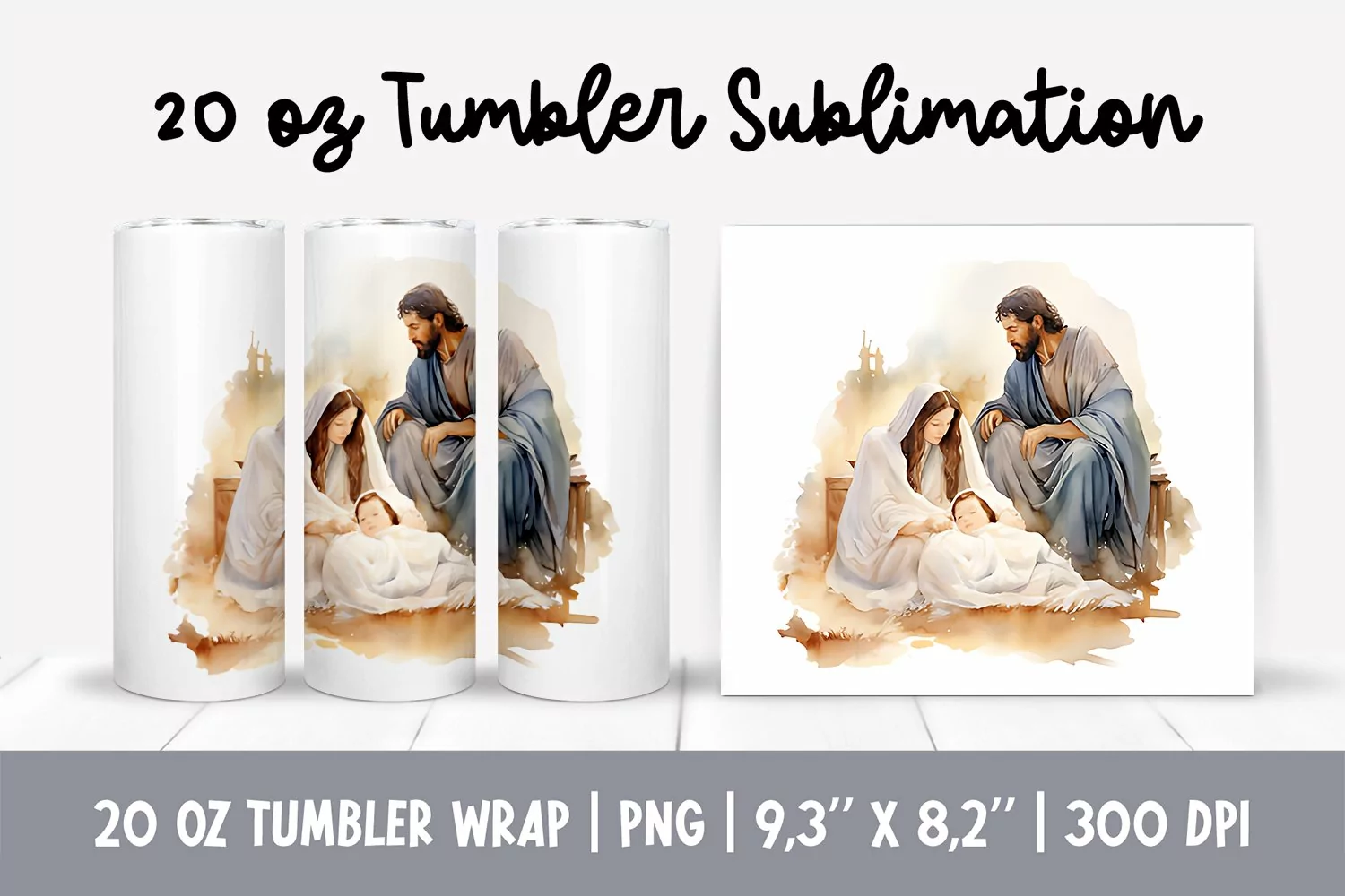 Watercolor Christmas Tumbler Sublimation Design Jesus Birth product image 1