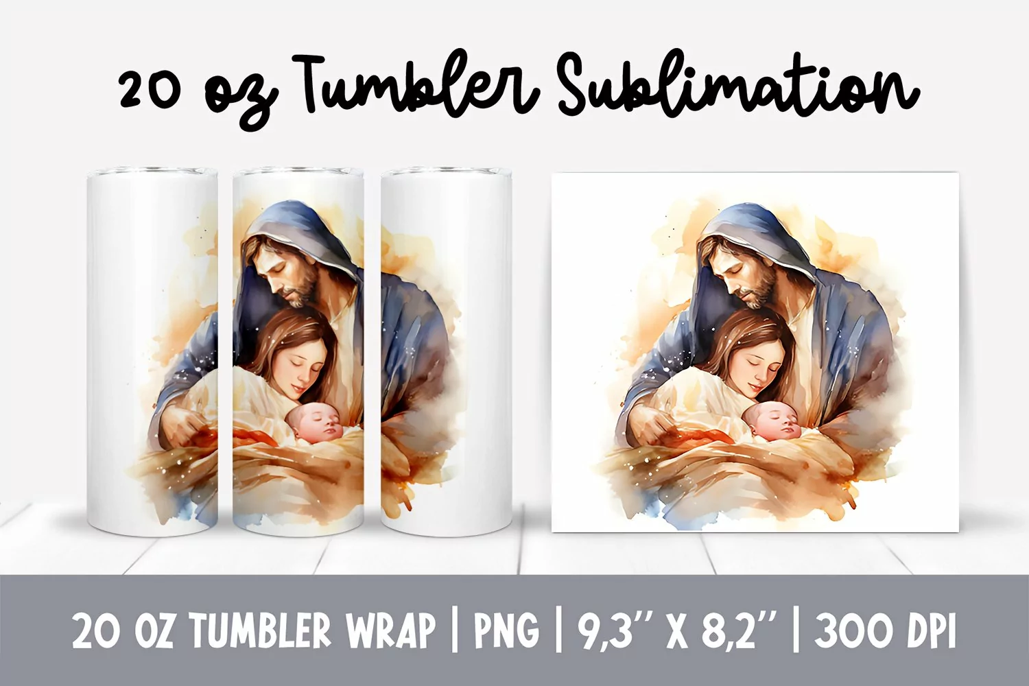 Watercolor Christmas Tumbler Sublimation Design Jesus Birth product image 1