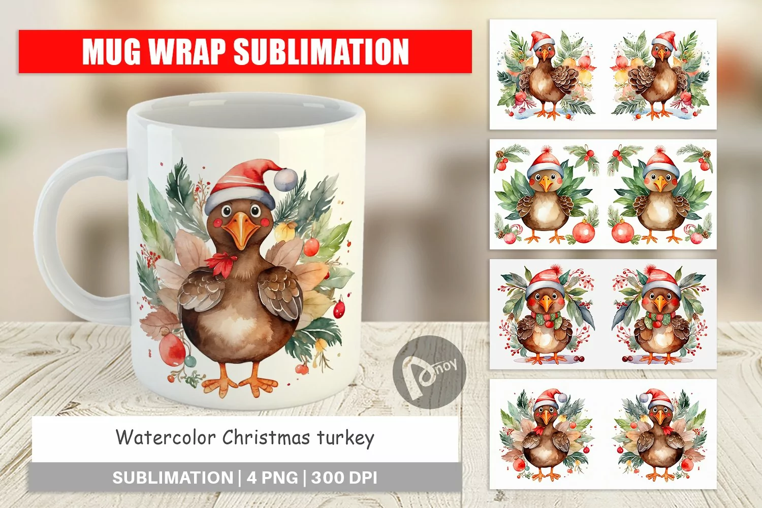 Mug Wrap Design Watercolor Christmas turkey product image 1
