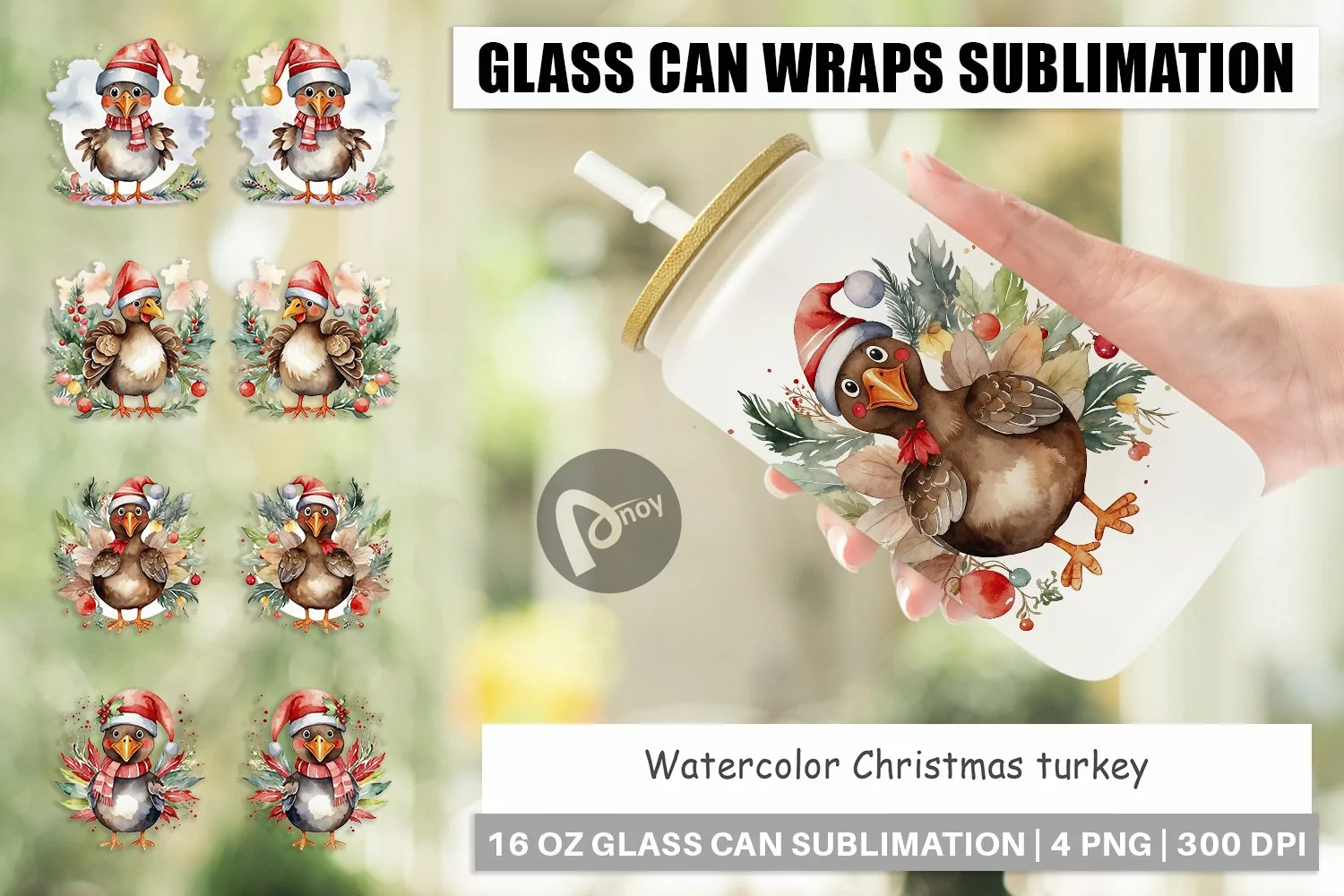 Glass Can Wraps Watercolor Christmas turkey product image 1
