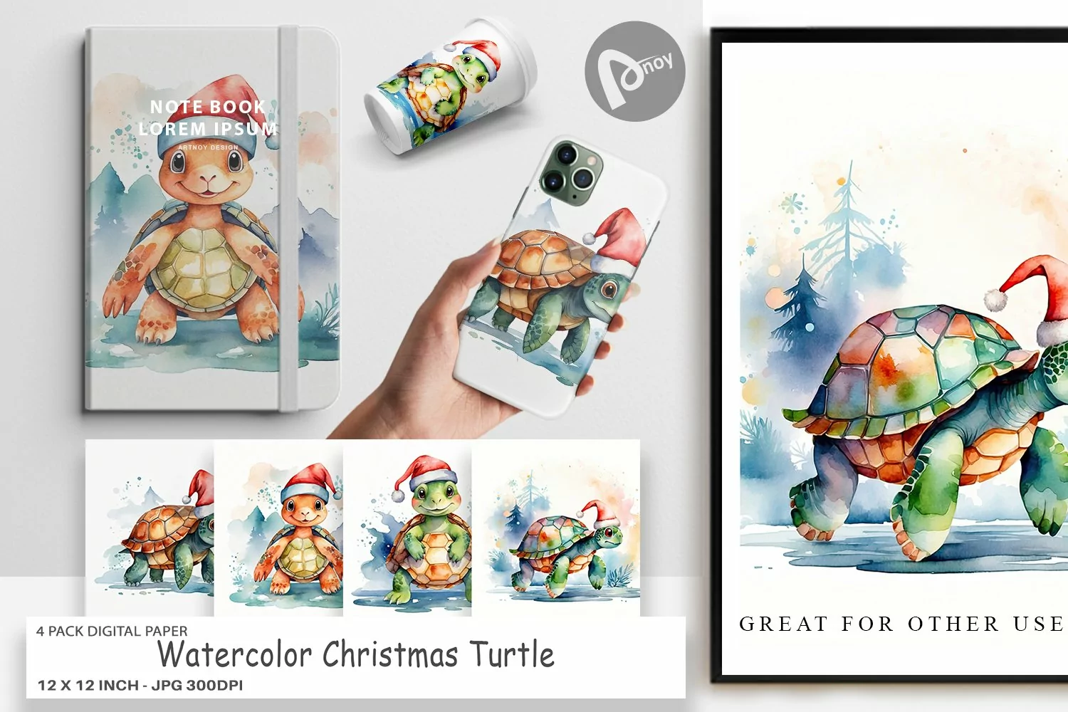 Digital Paper Watercolor Christmas Turtle product image 1