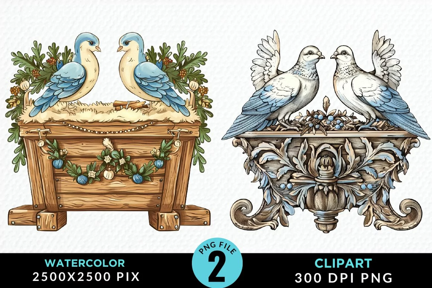 Watercolor Christmas Turtle Dove Graphic Clipart product image 1
