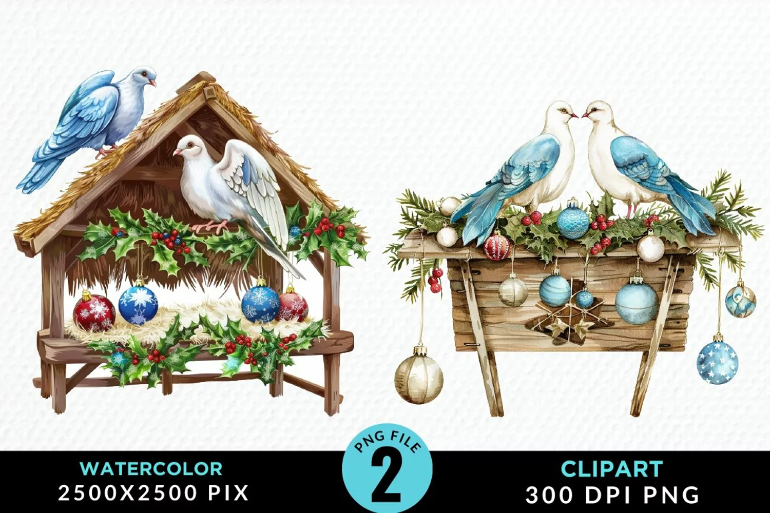 Watercolor Christmas Turtle Dove Graphic Clipart product image 1