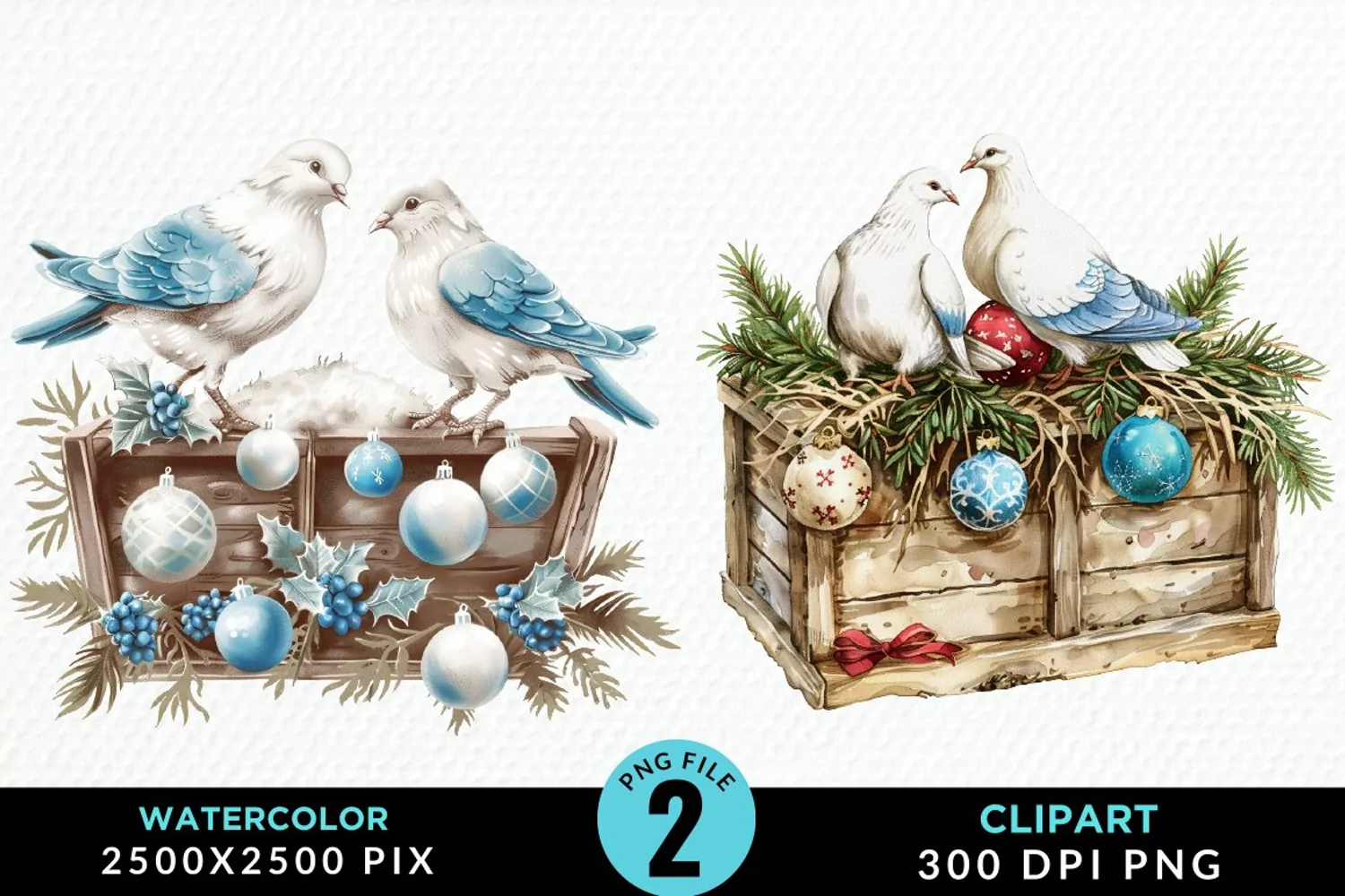 Watercolor Christmas Turtle Dove Graphic Clipart product image 1