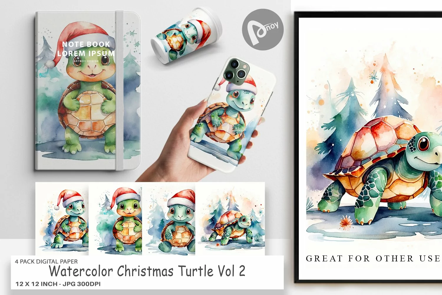 Digital Paper Watercolor Christmas Turtle product image 1