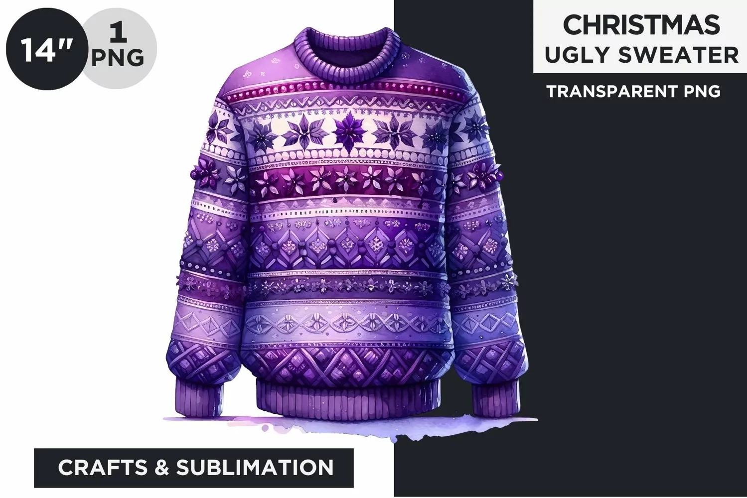 Watercolor Purple Christmas Ugly Sweater Clipart PNG product image 1