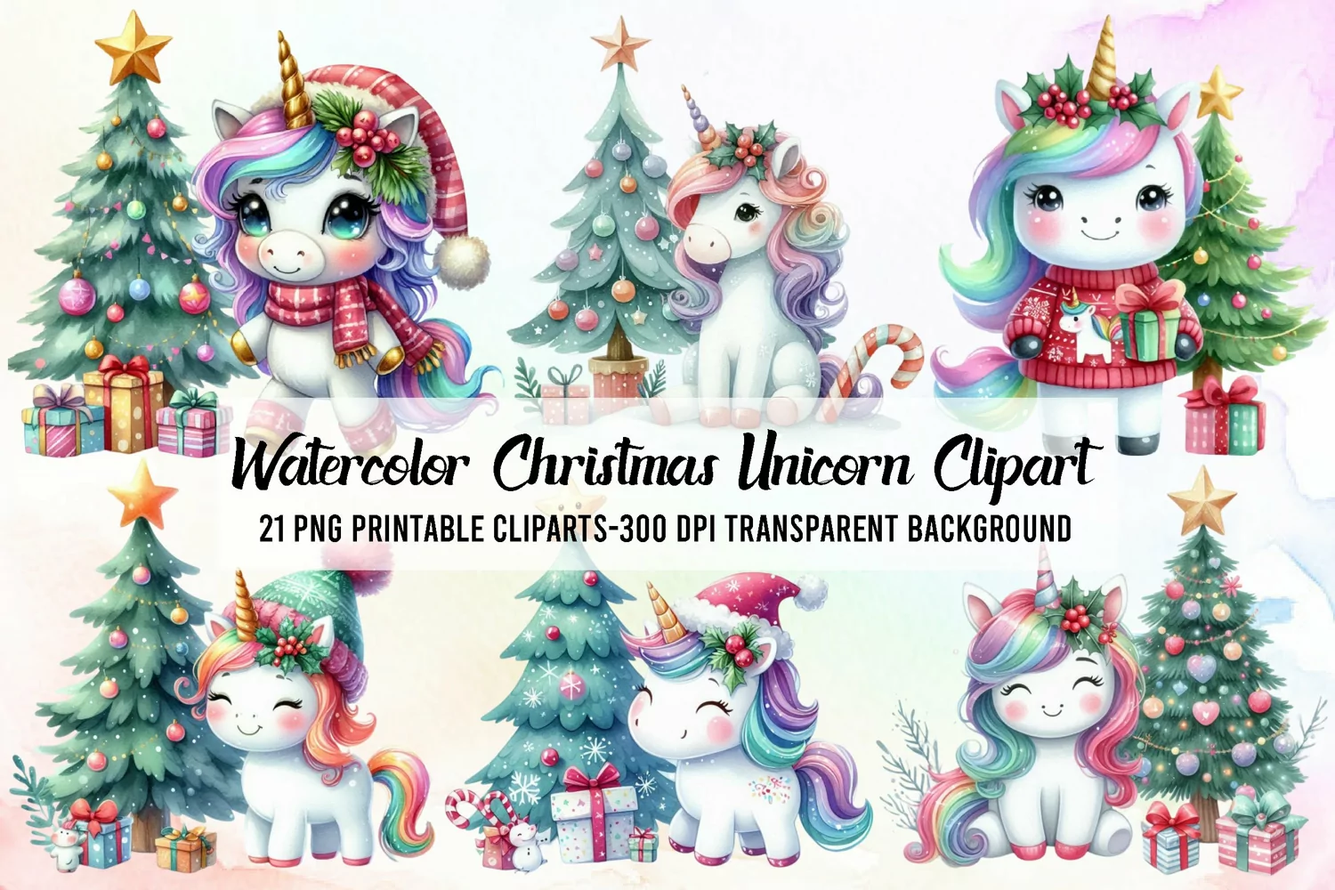 Watercolor Christmas Unicorn Clipart product image 1
