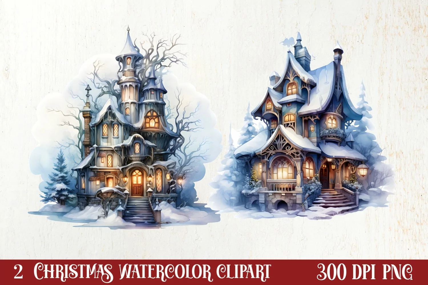 Watercolor Christmas Winter Houses Clipart product image 1