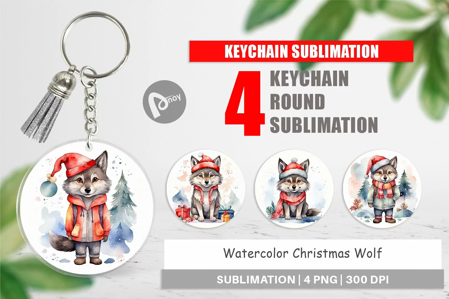 Keychain Watercolor Christmas Wolf product image 1