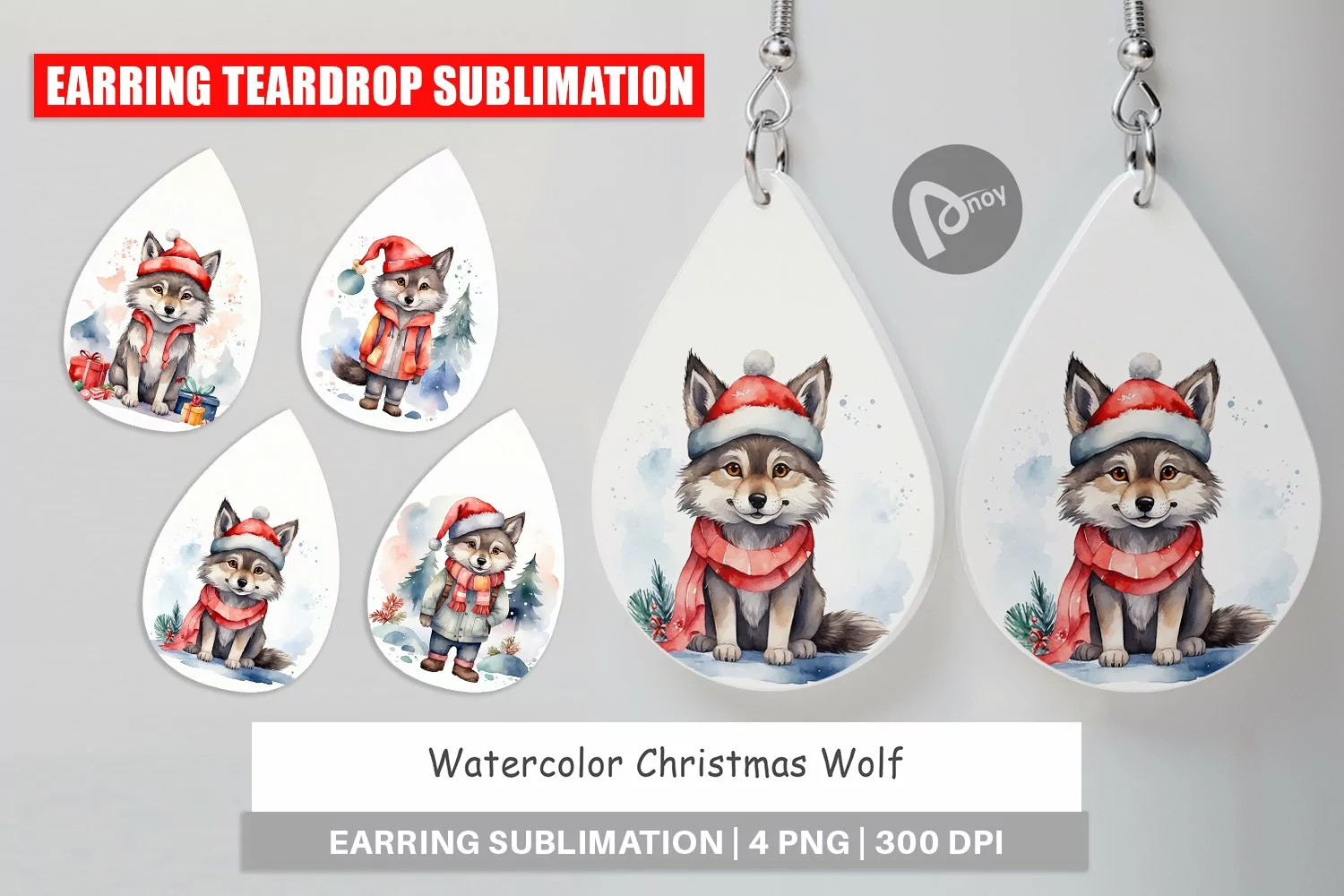 Earring Teardrop Watercolor Christmas Wolf product image 1