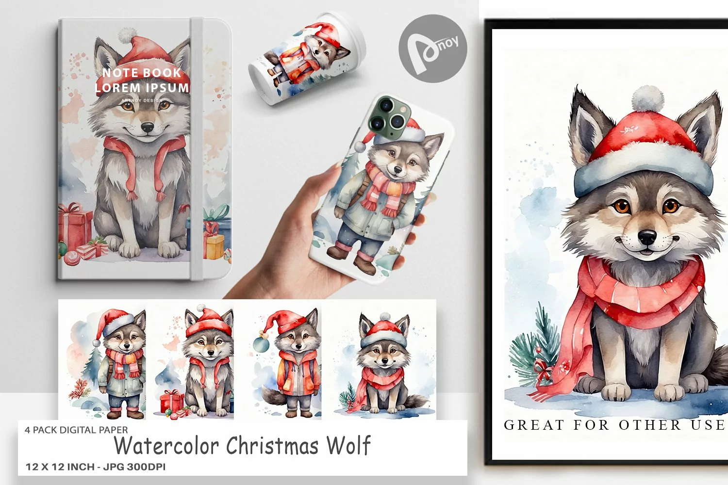 Digital Paper Watercolor Christmas Wolf product image 1