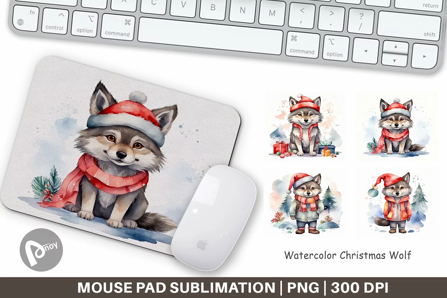 Mouse Pad Watercolor Christmas Wolf product image 1
