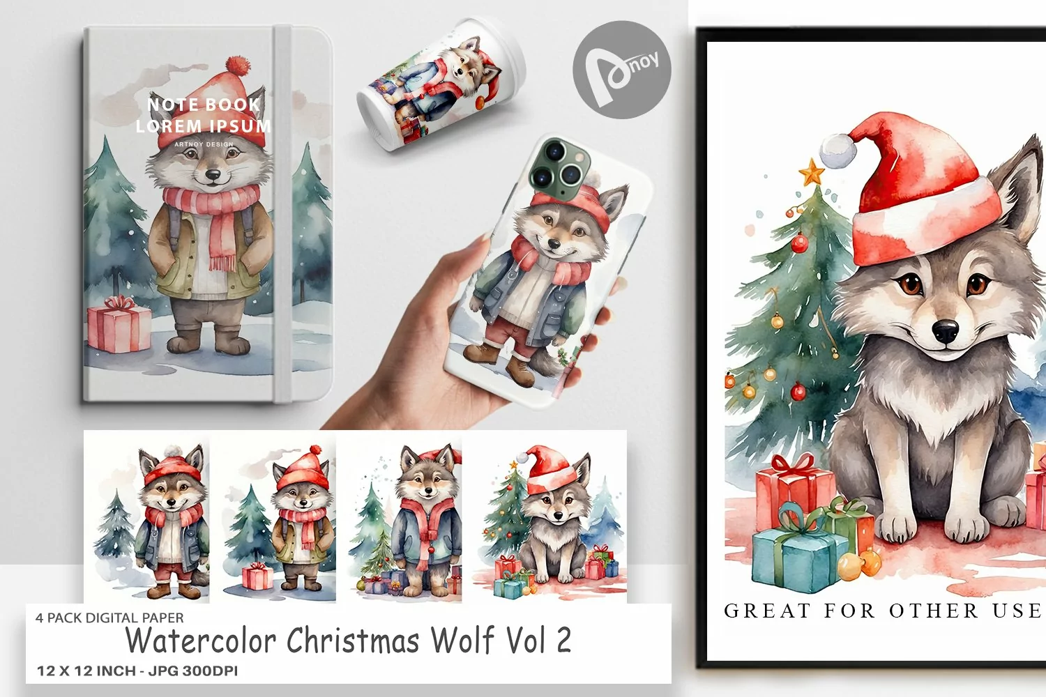 Digital Paper Watercolor Christmas Wolf product image 1