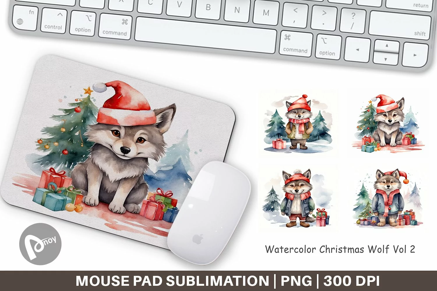 Mouse Pad Watercolor Christmas Wolf product image 1