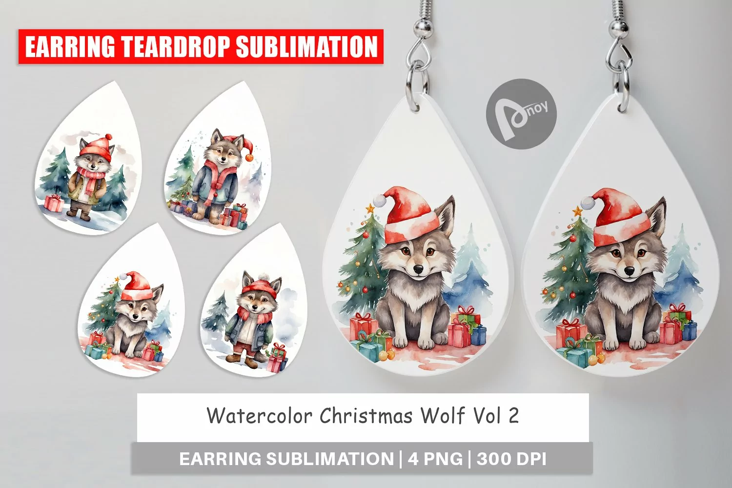 Earring Teardrop Watercolor Christmas Wolf product image 1