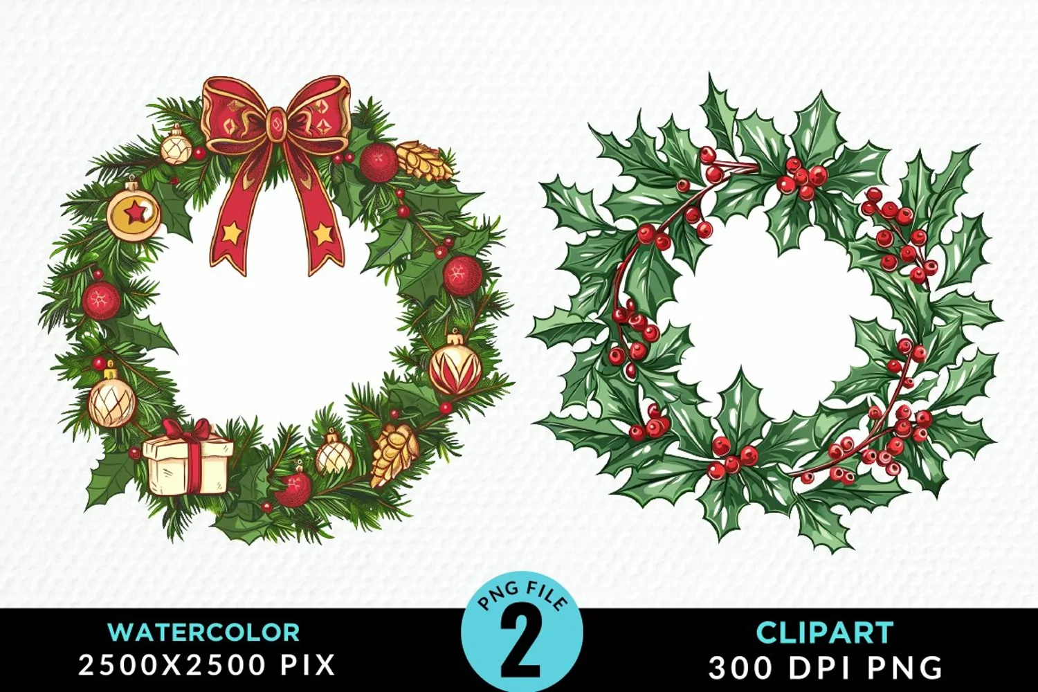 Watercolor Christmas Wreath Artwork Clipart product image 1
