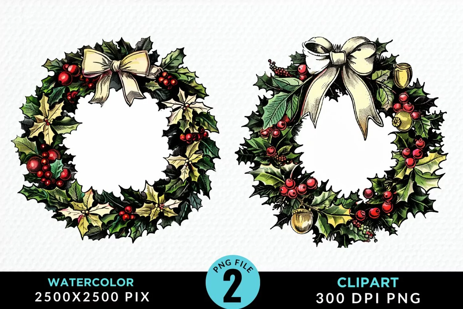 Watercolor Christmas Wreath Artwork Clipart product image 1