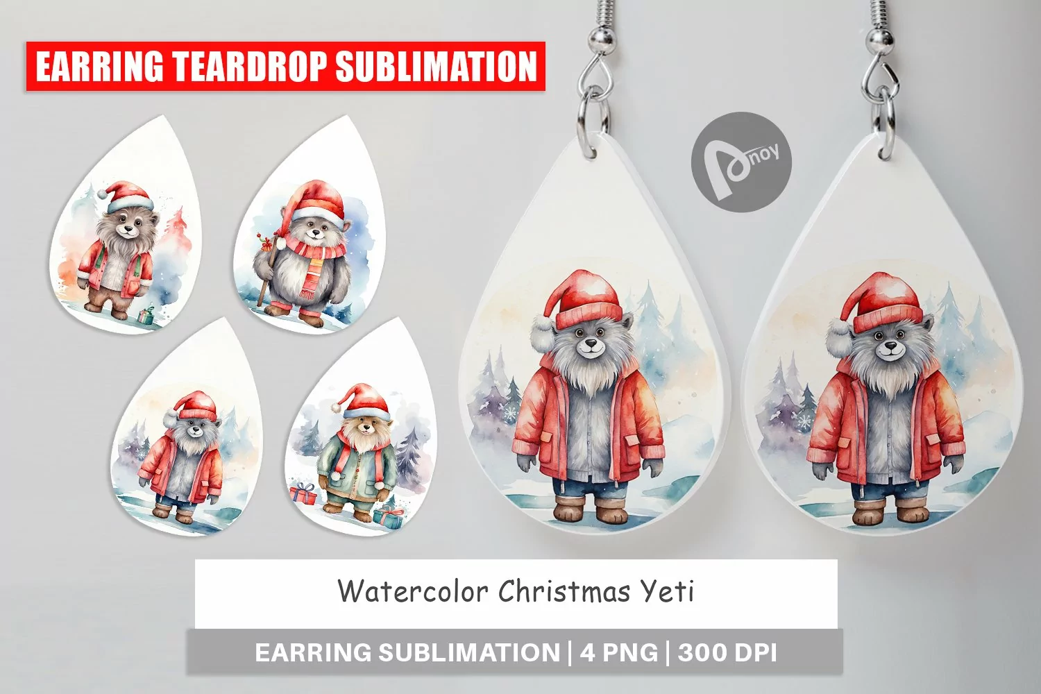 Earring Teardrop Watercolor Christmas Yeti product image 1