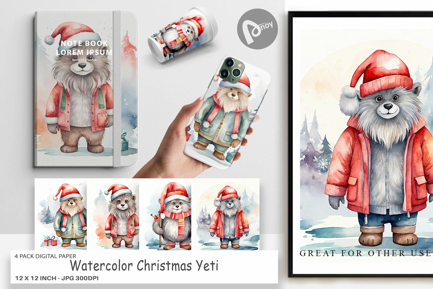 Digital Paper Watercolor Christmas Yeti product image 1