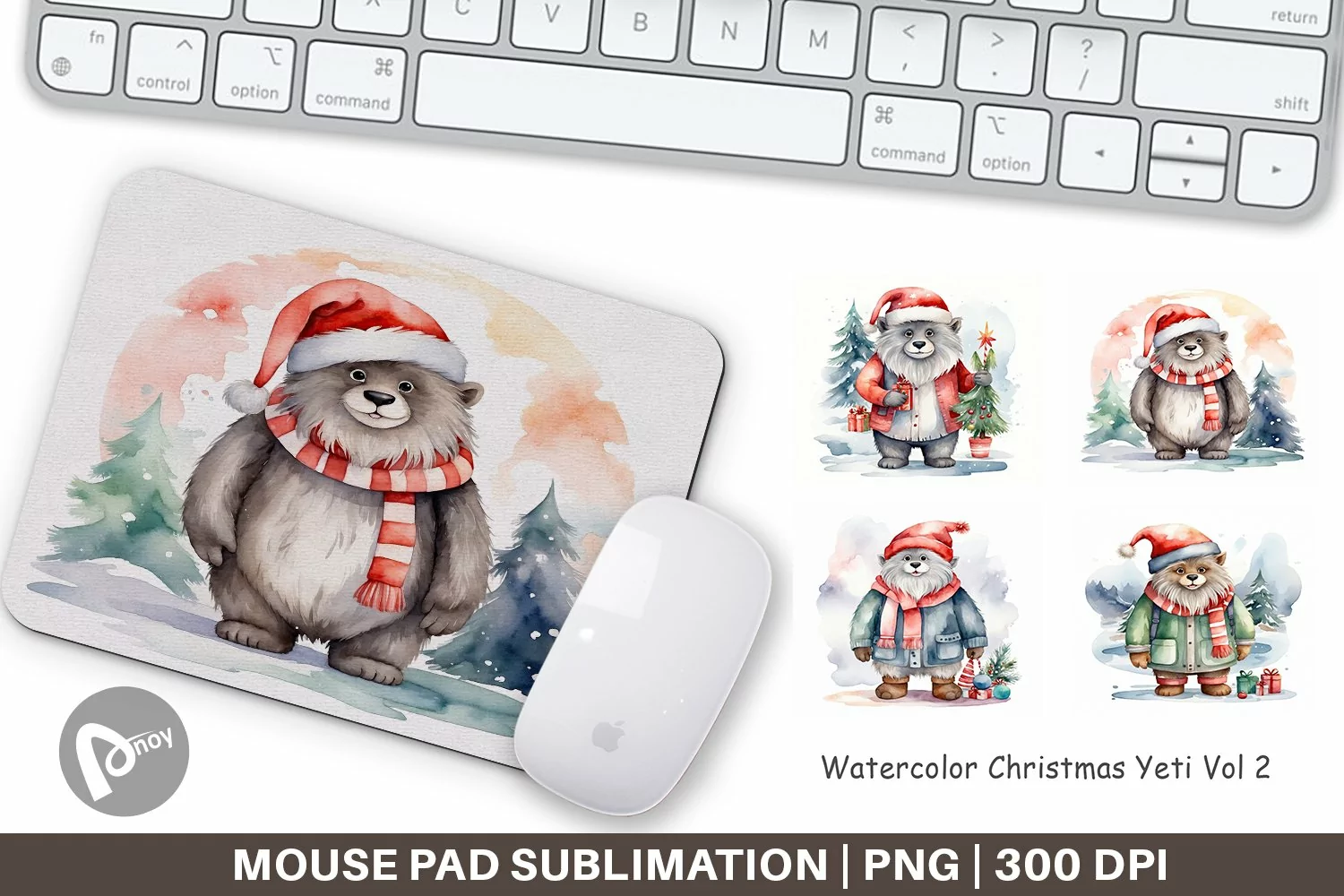 Mouse Pad Watercolor Christmas Yeti product image 1