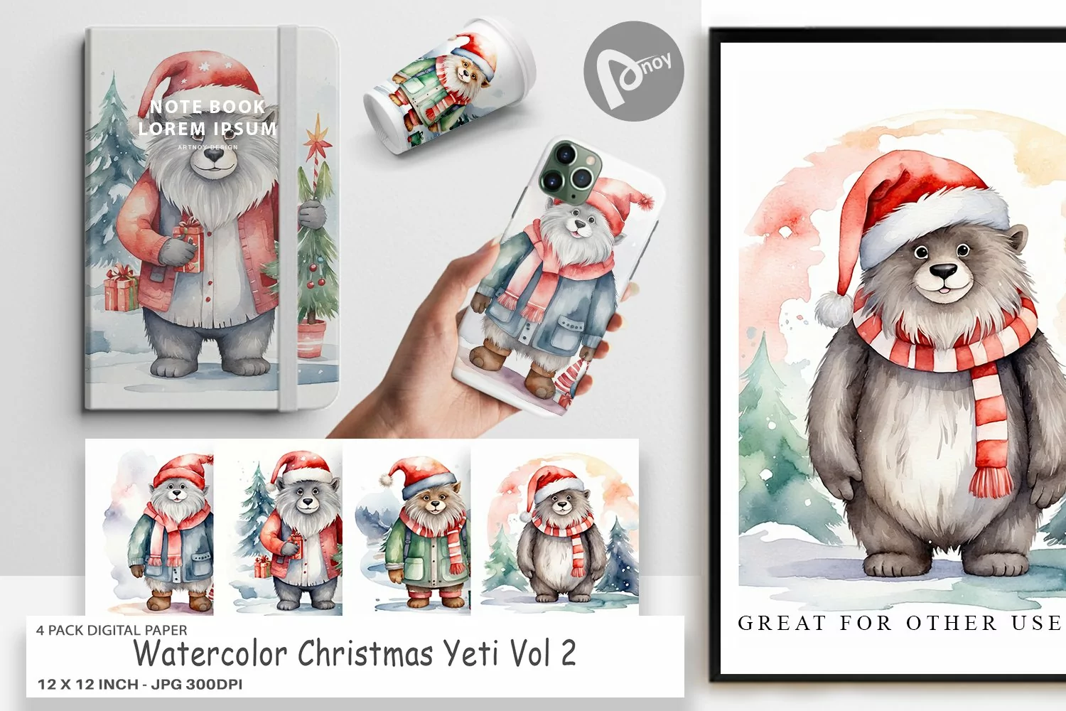 Digital Paper Watercolor Christmas Yeti product image 1