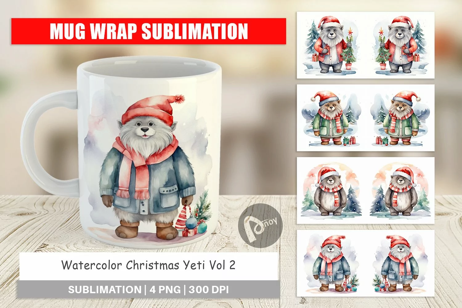 Mug Wrap Design Watercolor Christmas Yeti product image 1