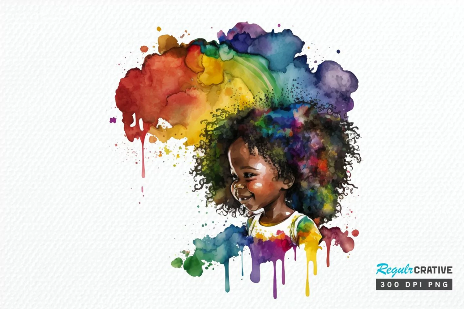 Watercolor African Black Cute Girl Rainbow PNG Clipart product image 1