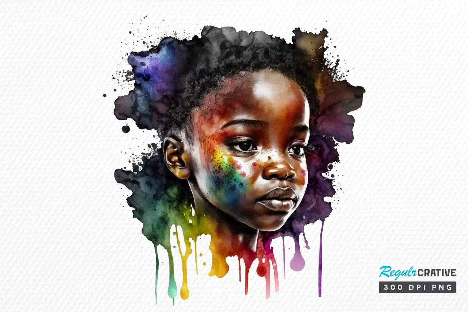 Watercolor African Black Cute Girl Rainbow PNG Clipart product image 1
